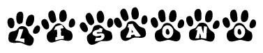 The image shows a series of animal paw prints arranged horizontally. Within each paw print, there's a letter; together they spell Lisaono
