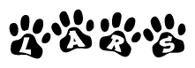 The image shows a series of animal paw prints arranged in a horizontal line. Each paw print contains a letter, and together they spell out the word Lars.