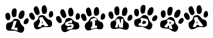 The image shows a row of animal paw prints, each containing a letter. The letters spell out the word Lasindra within the paw prints.