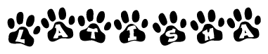 The image shows a series of animal paw prints arranged horizontally. Within each paw print, there's a letter; together they spell Latisha