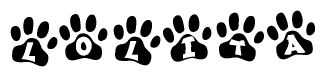 The image shows a series of animal paw prints arranged in a horizontal line. Each paw print contains a letter, and together they spell out the word Lolita.