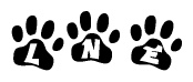 The image shows a row of animal paw prints, each containing a letter. The letters spell out the word Lne within the paw prints.