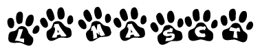 The image shows a series of animal paw prints arranged horizontally. Within each paw print, there's a letter; together they spell Lamasct