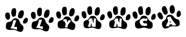 The image shows a series of animal paw prints arranged horizontally. Within each paw print, there's a letter; together they spell Llynnca