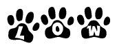 The image shows a series of animal paw prints arranged in a horizontal line. Each paw print contains a letter, and together they spell out the word Low.