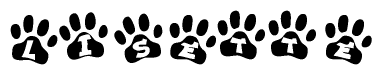 The image shows a series of animal paw prints arranged in a horizontal line. Each paw print contains a letter, and together they spell out the word Lisette.