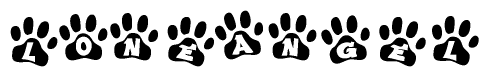 The image shows a series of animal paw prints arranged horizontally. Within each paw print, there's a letter; together they spell Loneangel
