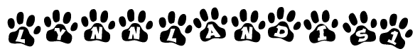 The image shows a series of animal paw prints arranged horizontally. Within each paw print, there's a letter; together they spell Lynnlandis1