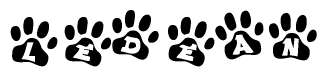 The image shows a row of animal paw prints, each containing a letter. The letters spell out the word Ledean within the paw prints.