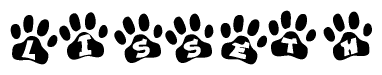 The image shows a series of animal paw prints arranged in a horizontal line. Each paw print contains a letter, and together they spell out the word Lisseth.