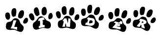 The image shows a row of animal paw prints, each containing a letter. The letters spell out the word Linder within the paw prints.