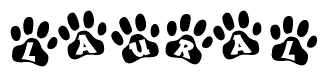 The image shows a series of animal paw prints arranged in a horizontal line. Each paw print contains a letter, and together they spell out the word Laural.