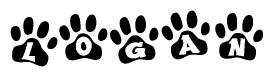 The image shows a row of animal paw prints, each containing a letter. The letters spell out the word Logan within the paw prints.