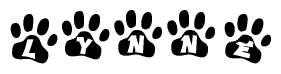 The image shows a series of animal paw prints arranged horizontally. Within each paw print, there's a letter; together they spell Lynne