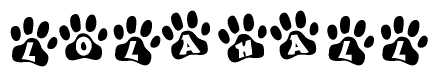 The image shows a series of animal paw prints arranged in a horizontal line. Each paw print contains a letter, and together they spell out the word Lolahall.