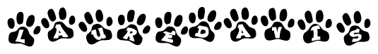 The image shows a series of animal paw prints arranged in a horizontal line. Each paw print contains a letter, and together they spell out the word Lauredavis.