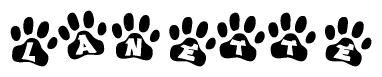 The image shows a series of animal paw prints arranged horizontally. Within each paw print, there's a letter; together they spell Lanette