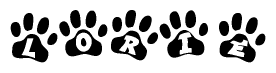The image shows a row of animal paw prints, each containing a letter. The letters spell out the word Lorie within the paw prints.