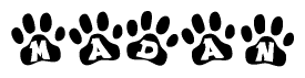 The image shows a series of animal paw prints arranged in a horizontal line. Each paw print contains a letter, and together they spell out the word Madan.