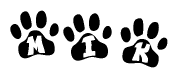 The image shows a series of animal paw prints arranged horizontally. Within each paw print, there's a letter; together they spell Mik