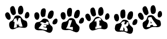 The image shows a series of animal paw prints arranged horizontally. Within each paw print, there's a letter; together they spell Melika