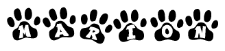 The image shows a series of animal paw prints arranged horizontally. Within each paw print, there's a letter; together they spell Marion