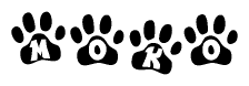 The image shows a row of animal paw prints, each containing a letter. The letters spell out the word Moko within the paw prints.