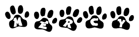 The image shows a series of animal paw prints arranged horizontally. Within each paw print, there's a letter; together they spell Mercy