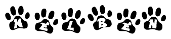 The image shows a series of animal paw prints arranged in a horizontal line. Each paw print contains a letter, and together they spell out the word Melben.