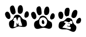 The image shows a series of animal paw prints arranged horizontally. Within each paw print, there's a letter; together they spell Moe