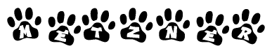 The image shows a row of animal paw prints, each containing a letter. The letters spell out the word Metzner within the paw prints.