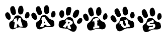 The image shows a row of animal paw prints, each containing a letter. The letters spell out the word Marius within the paw prints.