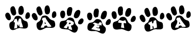 The image shows a series of animal paw prints arranged in a horizontal line. Each paw print contains a letter, and together they spell out the word Maretha.