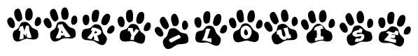 The image shows a series of animal paw prints arranged in a horizontal line. Each paw print contains a letter, and together they spell out the word Mary-louise.