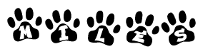 The image shows a series of animal paw prints arranged in a horizontal line. Each paw print contains a letter, and together they spell out the word Miles.