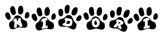 The image shows a series of animal paw prints arranged in a horizontal line. Each paw print contains a letter, and together they spell out the word Midori.