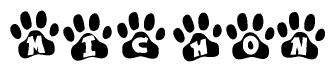 The image shows a series of animal paw prints arranged in a horizontal line. Each paw print contains a letter, and together they spell out the word Michon.