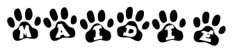 The image shows a row of animal paw prints, each containing a letter. The letters spell out the word Maidie within the paw prints.