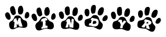 The image shows a series of animal paw prints arranged horizontally. Within each paw print, there's a letter; together they spell Mindyr