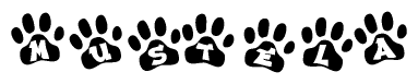 The image shows a row of animal paw prints, each containing a letter. The letters spell out the word Mustela within the paw prints.