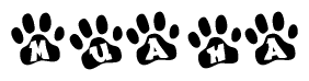 The image shows a row of animal paw prints, each containing a letter. The letters spell out the word Muaha within the paw prints.