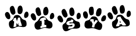 The image shows a series of animal paw prints arranged in a horizontal line. Each paw print contains a letter, and together they spell out the word Misya.