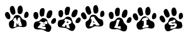 The image shows a row of animal paw prints, each containing a letter. The letters spell out the word Meralis within the paw prints.