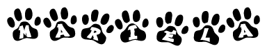 The image shows a series of animal paw prints arranged in a horizontal line. Each paw print contains a letter, and together they spell out the word Mariela.