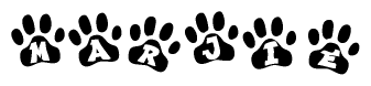 The image shows a series of animal paw prints arranged in a horizontal line. Each paw print contains a letter, and together they spell out the word Marjie.