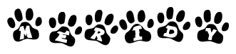 The image shows a row of animal paw prints, each containing a letter. The letters spell out the word Meridy within the paw prints.