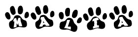 The image shows a series of animal paw prints arranged in a horizontal line. Each paw print contains a letter, and together they spell out the word Malia.