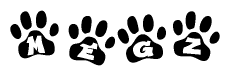 The image shows a series of animal paw prints arranged horizontally. Within each paw print, there's a letter; together they spell Megz