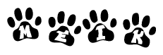 The image shows a series of animal paw prints arranged in a horizontal line. Each paw print contains a letter, and together they spell out the word Meik.