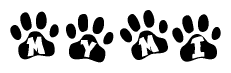 The image shows a series of animal paw prints arranged horizontally. Within each paw print, there's a letter; together they spell Mymi